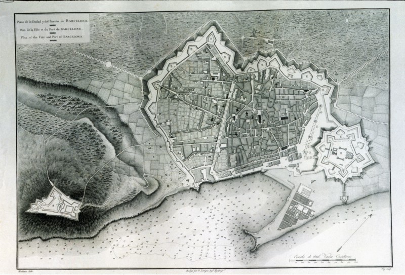 Map of the city of Barcelona, port and Montjuic mountain, engraving by Alexander Laborde, 1808, f?