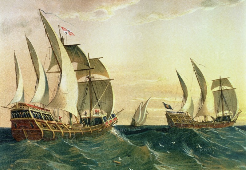 Discovery of America, 'Pinta' 'Niña' and 'Santa Maria' ships sailing towards the coast of the Eas?