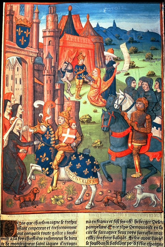 Charlemagne with paladins, knights of the king's entourage, Miniature in 'Chroniques de France', ?