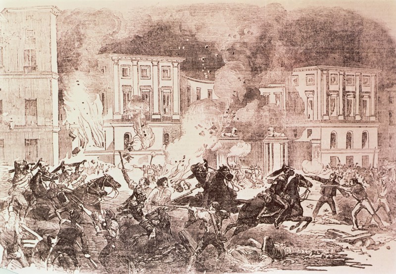 Civil disturbances in Madrid, the insurgents try to burn the palace of Queen Maria Cristina, 1854.