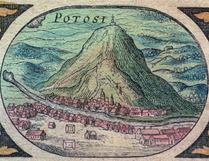 View of the city of Potosí with its famous hill, engraving in 'Nouvel Atlas', 1643.