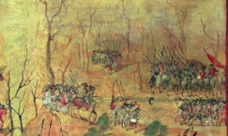 'The Spanish to land them in snow on the road', conquest of Mexico, detail of a Painting. of 169?
