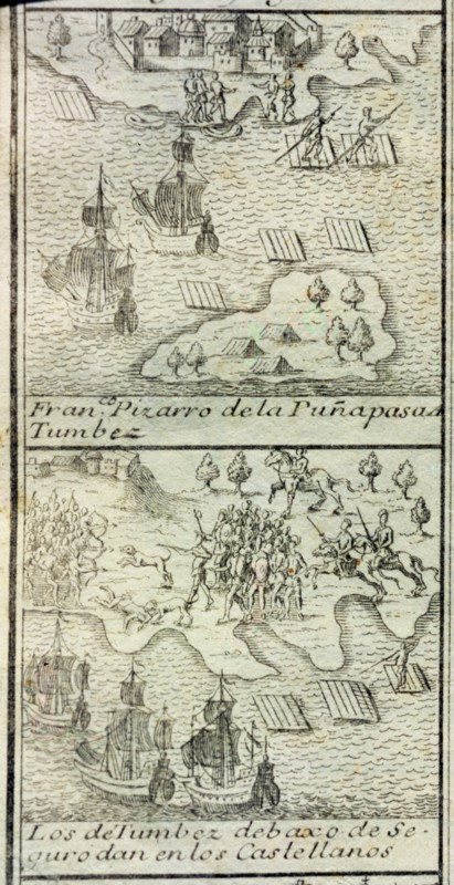 Francisco Pizarro of Puña arrives to Tumbez'. Pizarro arrived with 180 men and three ships to Tum?