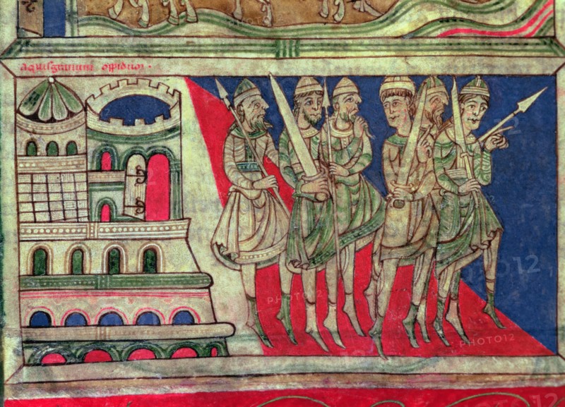 Charlemagne departs from Aachen to Santiago de Compostela, Miniature in the 'Codex Calixtus' Fol.?