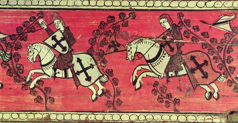 Christian Knights in a fight or sports scene. Painting on wood, possibly Aragonese coffered ceili?