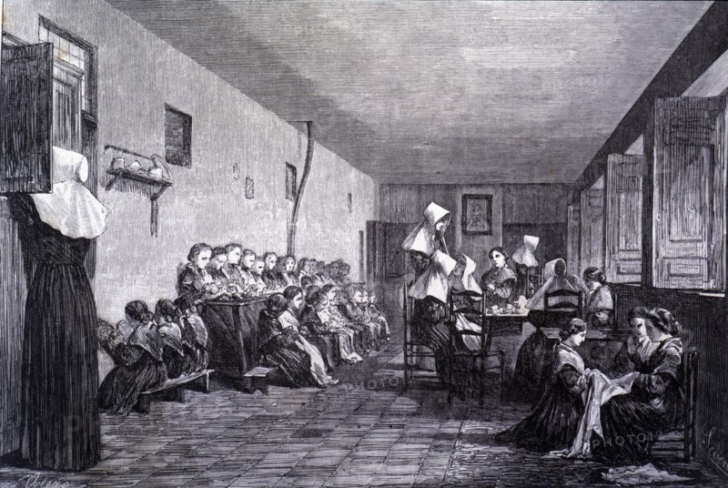 La Paz College in Madrid, classroom and work room of the girls, engraving from 1856.