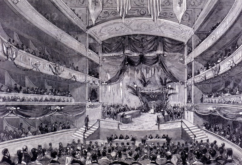 Distribution of prizes to the winner poets in the Floral Games, in the Teatro Principal in Barcel?