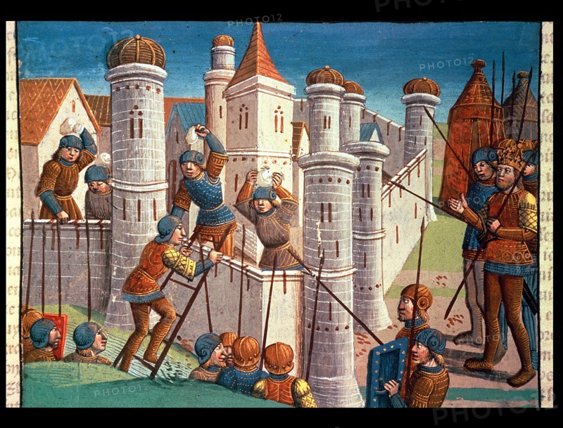 Scene of a battle defending Constantinople, miniature of the incunabula 'Ogier le Danois', printe?