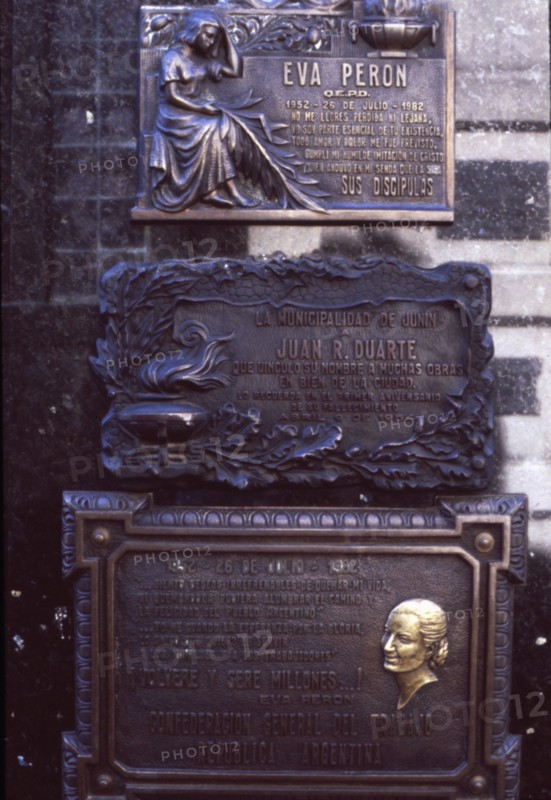 Plaque on the grave of Eva Duarte de Peron 'Evita' (1952-1982), wife of the President of Argentin?