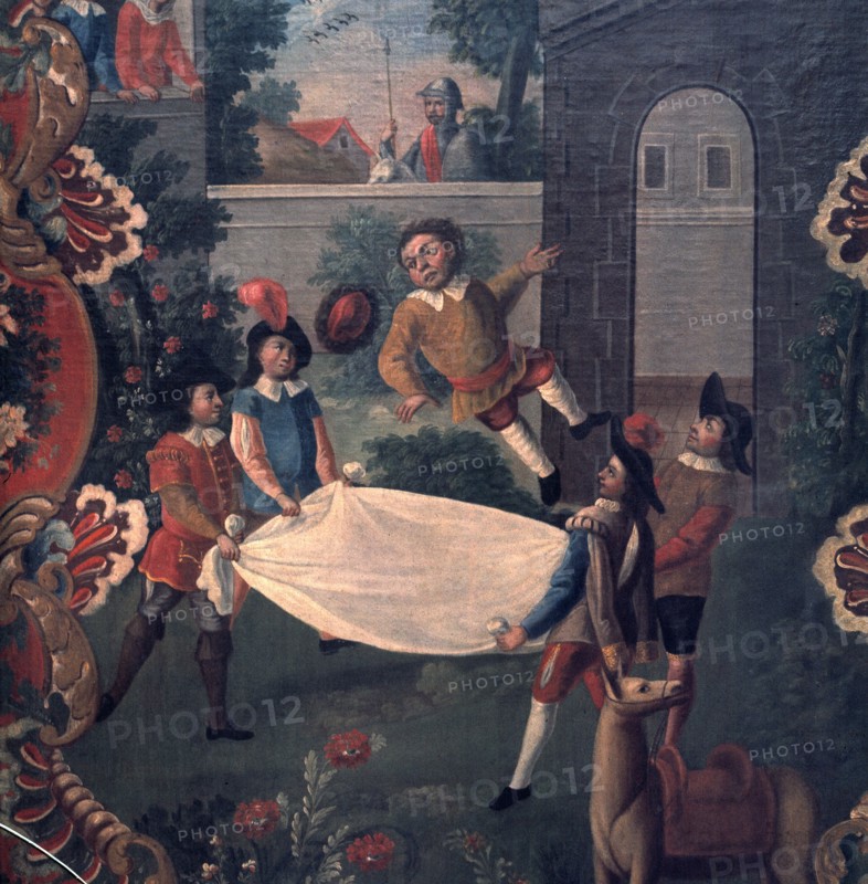 Anonymous Mexican painting, with a scene of 'Don Quijote de la Mancha', Sancho Panza tossed in a ?