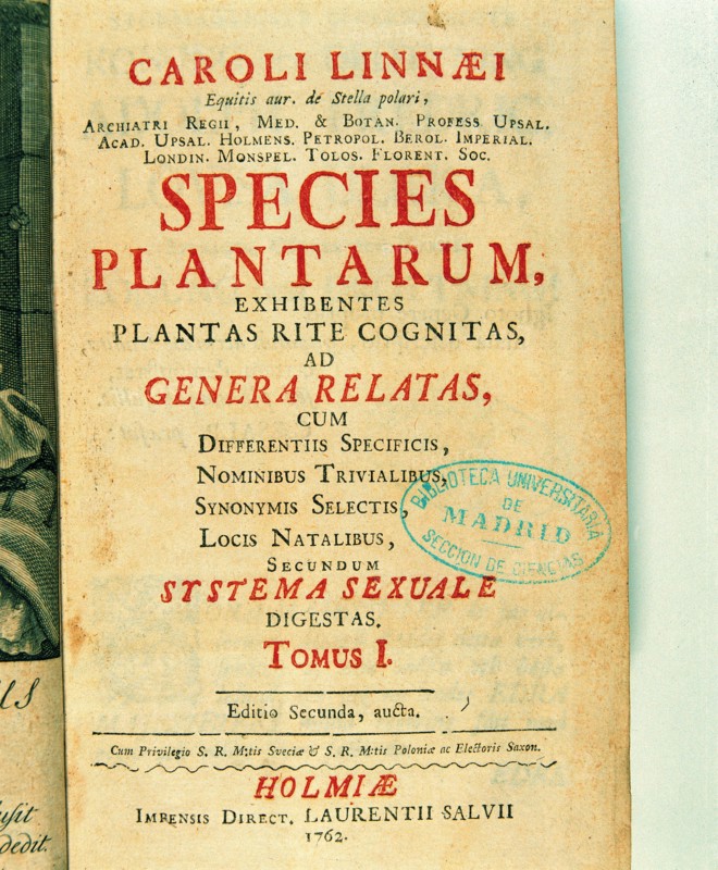 Title page of 'Species plantarum', by Charles Linnaeus, 1762.