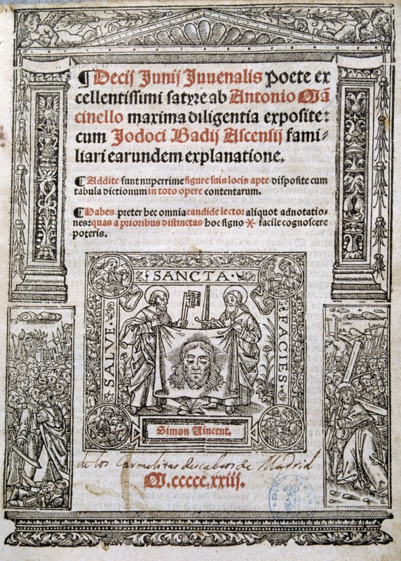 Cover of the play 'Satires' by Decimus Junius Juvenal, edition of 1523.