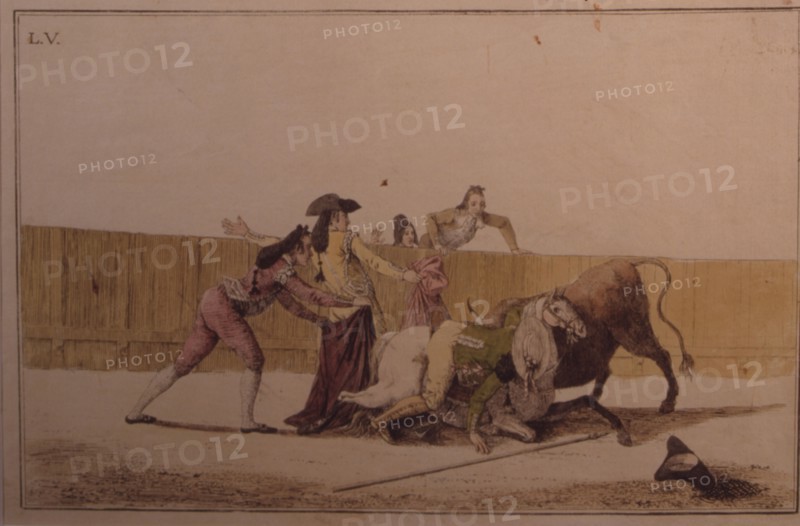 'Suerte de Varas' (Bullfighting stage), colored engraving by Antonio Carnicero.