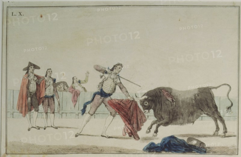 'Suerte de Matar' (Bullfighting stage), colored engraving by Antonio Carnicero.
