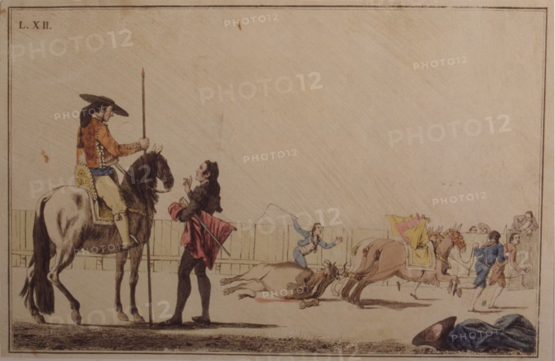 Picador riding and dragging the bull, colored engraving by Antonio Carnicero.