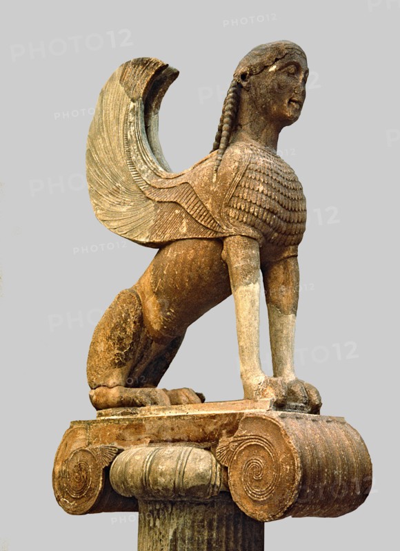 Sphinx of Naxos resting on an Ionic capital, from Delphi.