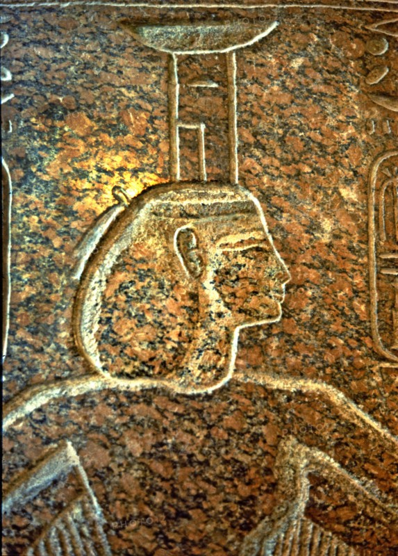 Bas-relief of a funerary sarcophagus of Ramesses III with the image of goddess Isis, made in gran?