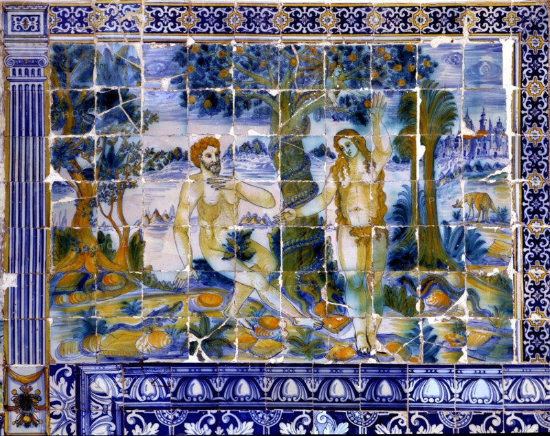 Tile panel with Adam and Eve in the paradise.