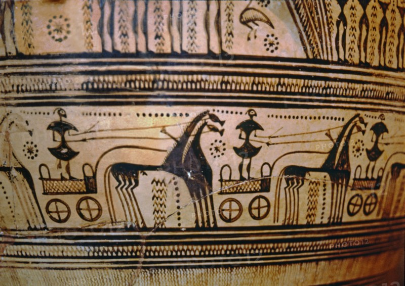 Krater by painter Hirschfeld with funerary scene of the geometric period, detail.