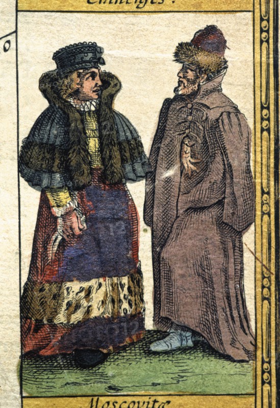 Muscovites types, colored engraving from the book 'Le Theatre du monde' or 'Nouvel Atlas', 1645, ?