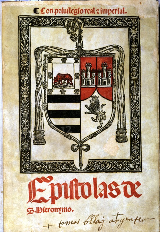 Epistles of St. Jerome, cover in two colours with large coat of arms of the Abbess Maria Enriquez?