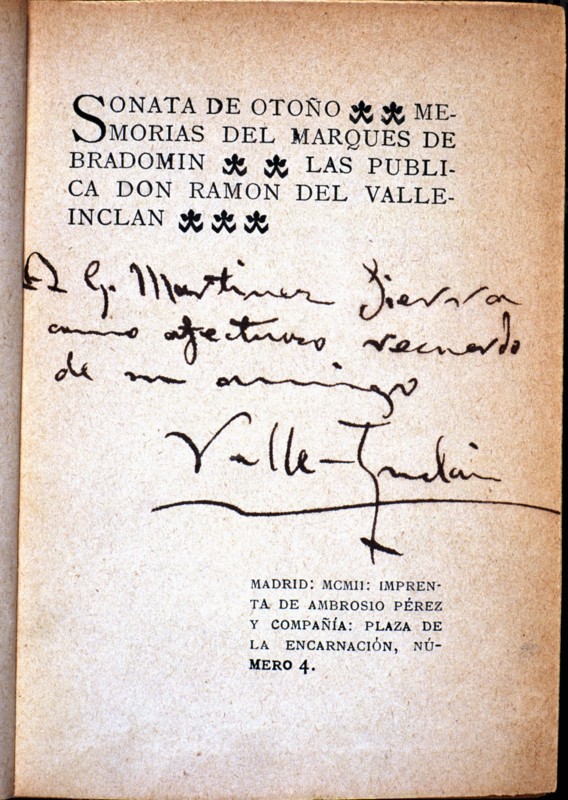 Cover 'Autumn Sonata - Memoirs of the Marquis of Brandomin', by Valle Inclan with autograph inscr?