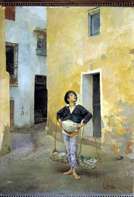 Cenachero' (Fisherman with esparto baskets selling fish), oil by Leoncio Talavera.