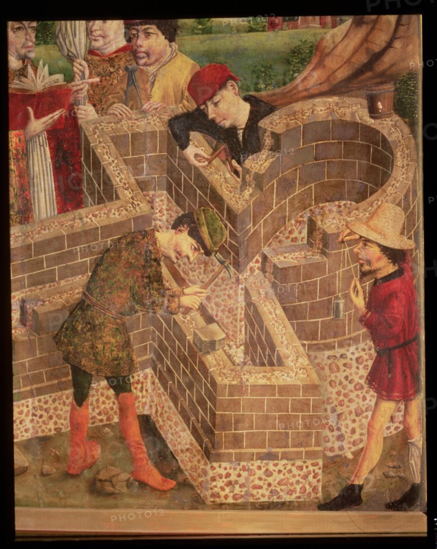'Building a church dedicated to Saint Michael', oil on panel attributed to the Master of Avila.