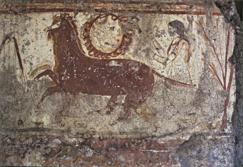 Fresco depicting a woman with two horses in a Lucan tomb at Paestum.