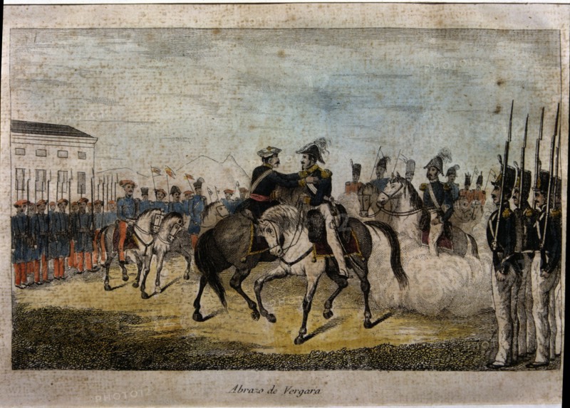 First Carlist War, hug of Vergara, Generals Maroto and Cabrera embrace each other, 1839, colored ?