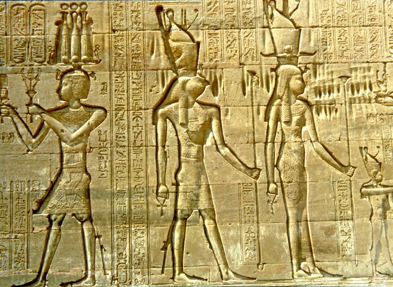 Reliefs with figures and writing in the Temple of Hathor.