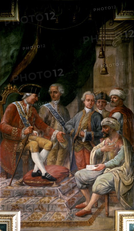 Charles III on his throne discusses with the North African envoy the conditions of a peace  and c?