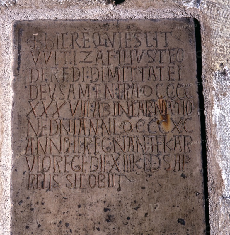 Witiza. (708-710?). Visigoth king, tombstone, of 890, found next to a sarcophagus and to several ?
