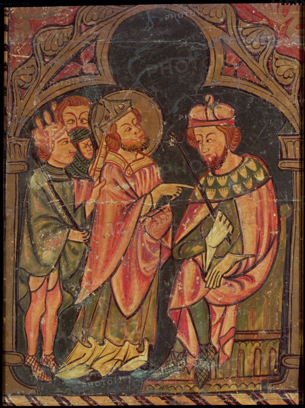 'Front of Sant Cebrià of Cabanyes', Saint Cyprian is taken by three hired assassins to the Emper?