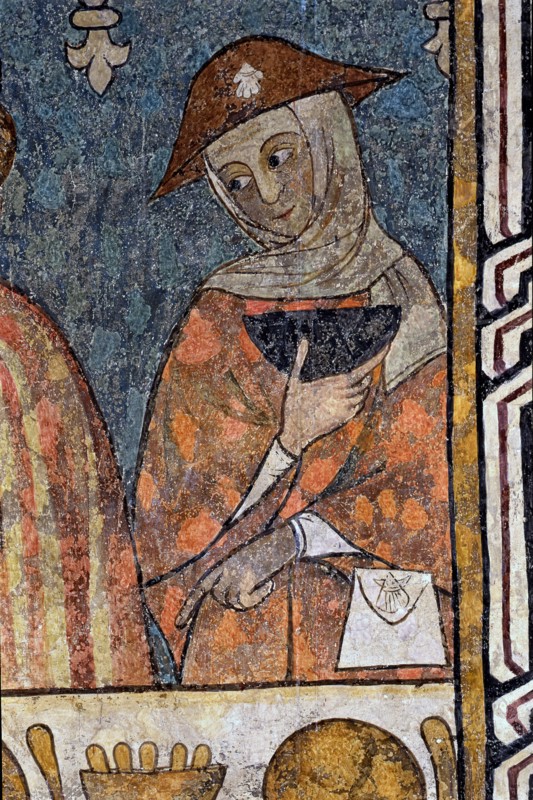 Mural of the old refectory of the Cathedral of Lleida, tempera painting, detail of various banque?