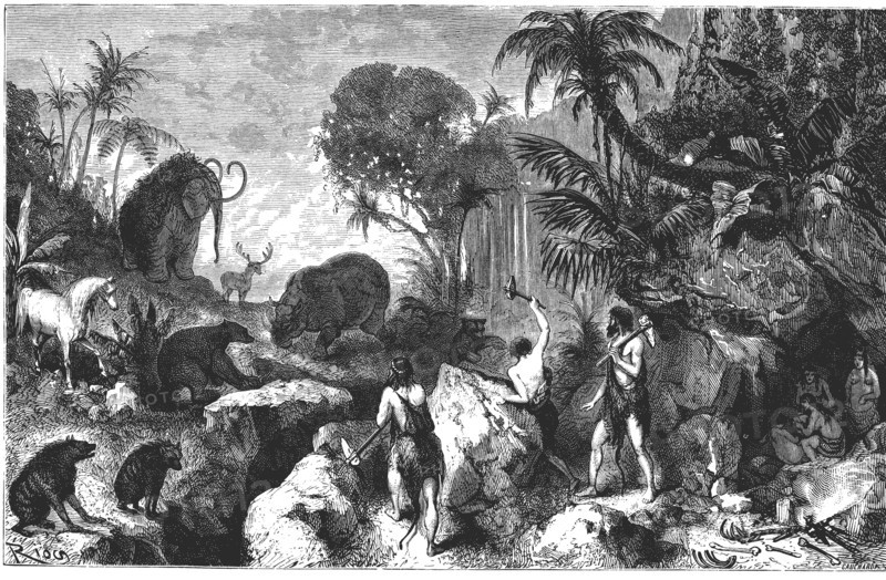 Primitive men defending from animals, engraving, 1900.