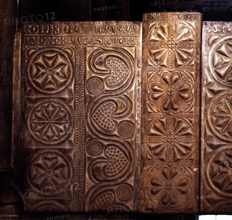 Detail of the Visigothic gate separating the presbytery from the nave of the church of Santa Cris?