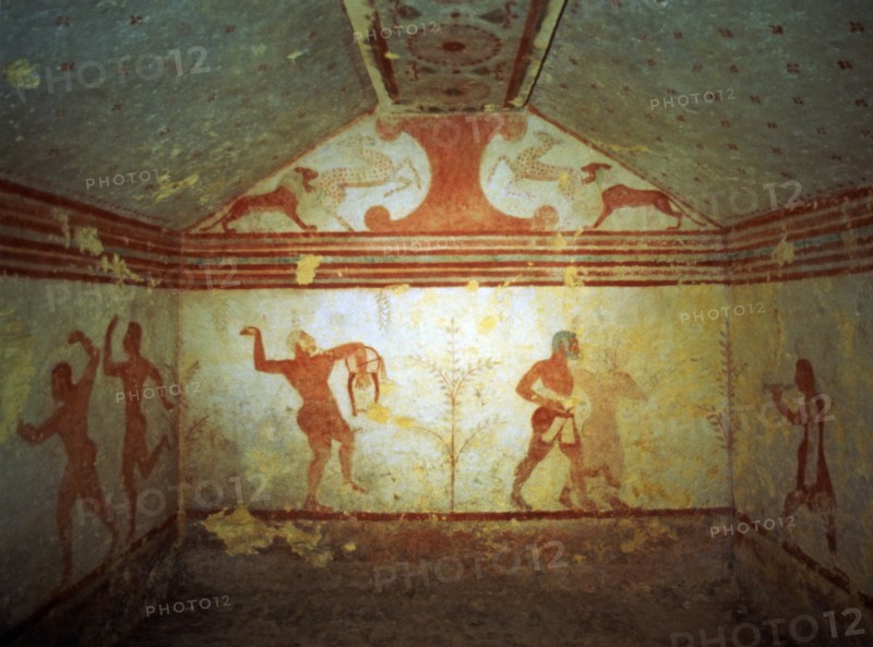 Frescoes in the Baccanti tomb in the necropolis of Montarozzi at Tarquinia.