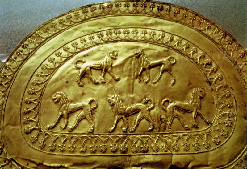 Etruscan gold fibula decorated with five lions, from the Regolini Galassi tomb.