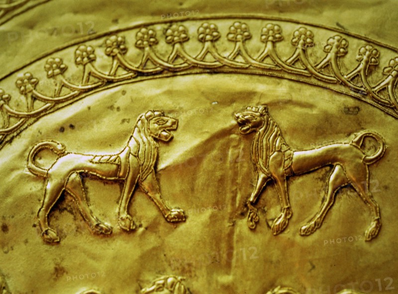 Etruscan gold fibula decorated with five lions, from the Regolini Galassi tomb, detail of the upp?