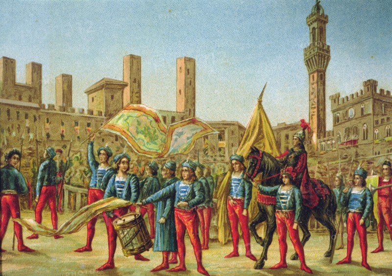 View of the Piazza del Campo in Siena during the Palio celebration where the representatives of t?