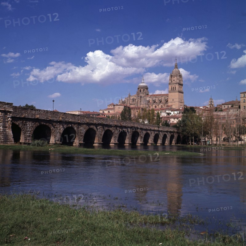 Salamanca. View of the Roman bridge over the river Tormes with the cathedral in the background.