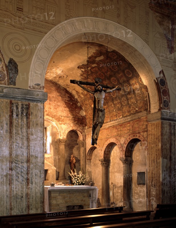 Interior of the Church of San Julián or Santullano de los Prados with painting remains, founded b?
