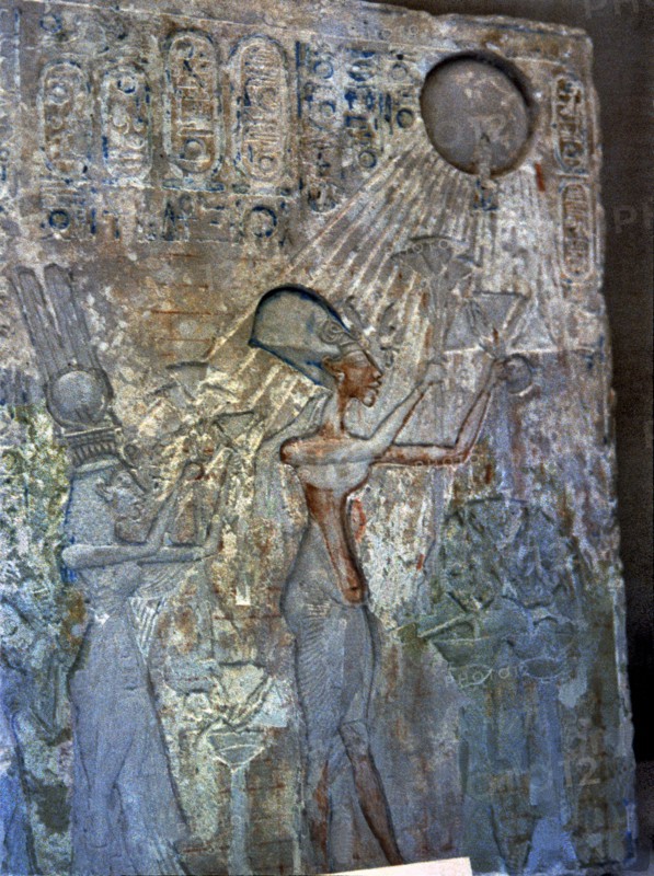 Stela depicting Akhenaten and Nefertiti adoring Aten.