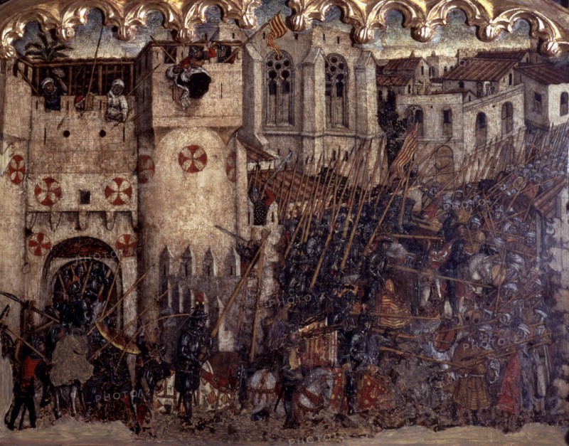 Fight and entry of the troops of James I by the painted door of Medina Myurka (1229), table in th?