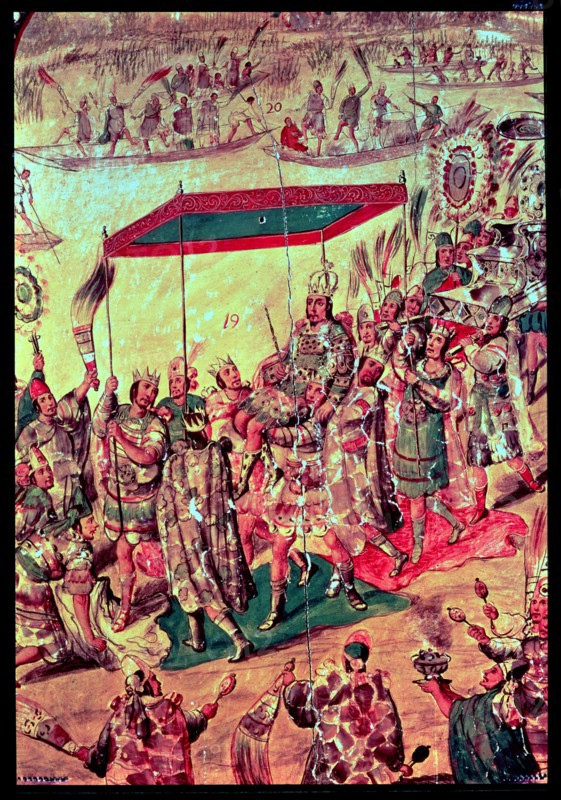 Reception of Moctezuma, detail of a nacred painting of the conquest of Mexico by Hernán Cortés, w?