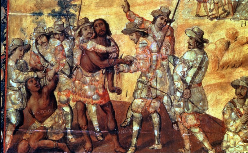 Conquerors cut the hands to two spies of Xicotenca the Younger, detail of a nacred painting, 1698.