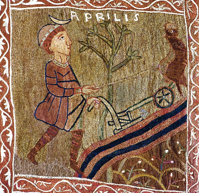 Tapestry of Creation, detail of April 'man plowing' 11st century.