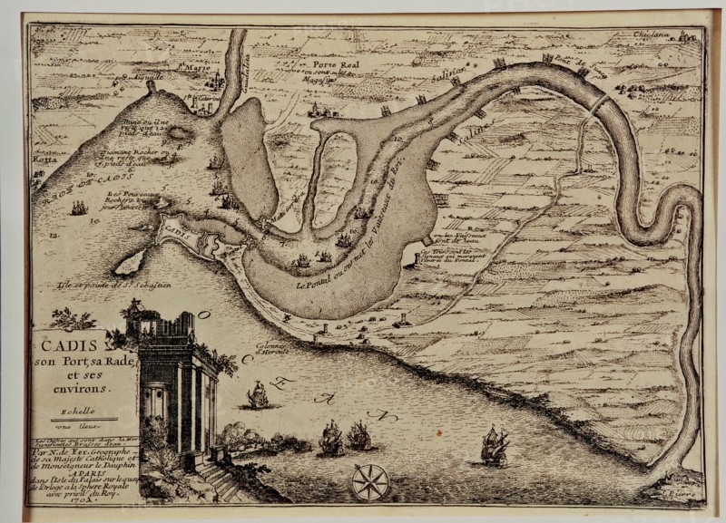 Schematic drawing of the harbor and the roads of the bay of Cadiz, at left drawing of the Pillars?