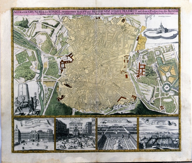 Colored plan of Madrid, hand engraving. Austria, c. 1710, by C. Lotter.